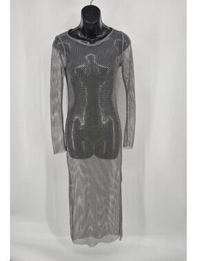 House of Harlow XXS Grey Net Knit See Thru Full Length Dress Shimmer Rhinestones